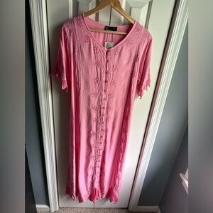 My Choice Pink Short Sleeve Maxi Dress Embroidered Front Button Size S/M NWT